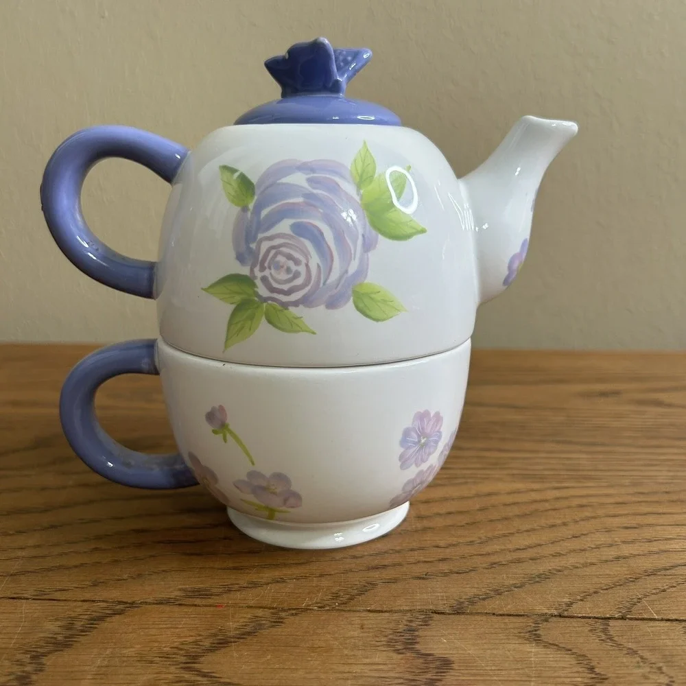 Hallmark Stacking Teapot & Cup White with‎ Purple Flowers & Butterfly Tea Lid